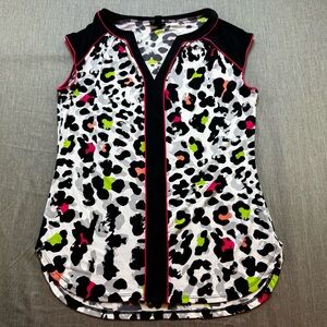 Worthington Animal Print Top Blouse Small Pink Green Orange V Neck Sleeveless